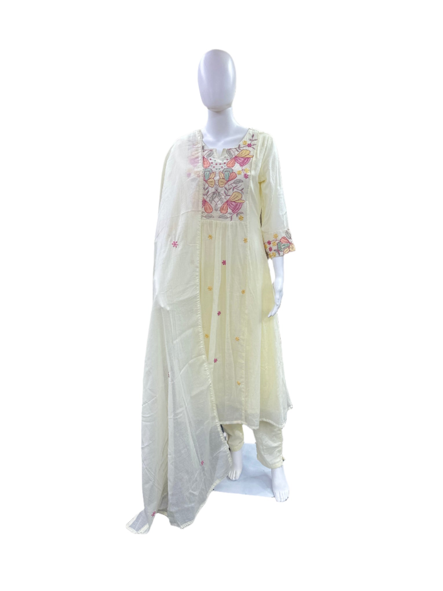 Premium Mul Cotton 3-Piece Set - Umbrella Top with Floral Embroidered Yoke & Lining, Straight Pants & Lace Dupatta - Elegant Off-White