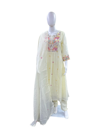 Premium Mul Cotton 3-Piece Set - Umbrella Top with Floral Embroidered Yoke & Lining, Straight Pants & Lace Dupatta - Elegant Off-White