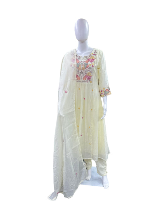 Premium Mul Cotton 3-Piece Set - Umbrella Top with Floral Embroidered Yoke & Lining, Straight Pants & Lace Dupatta - Elegant Off-White