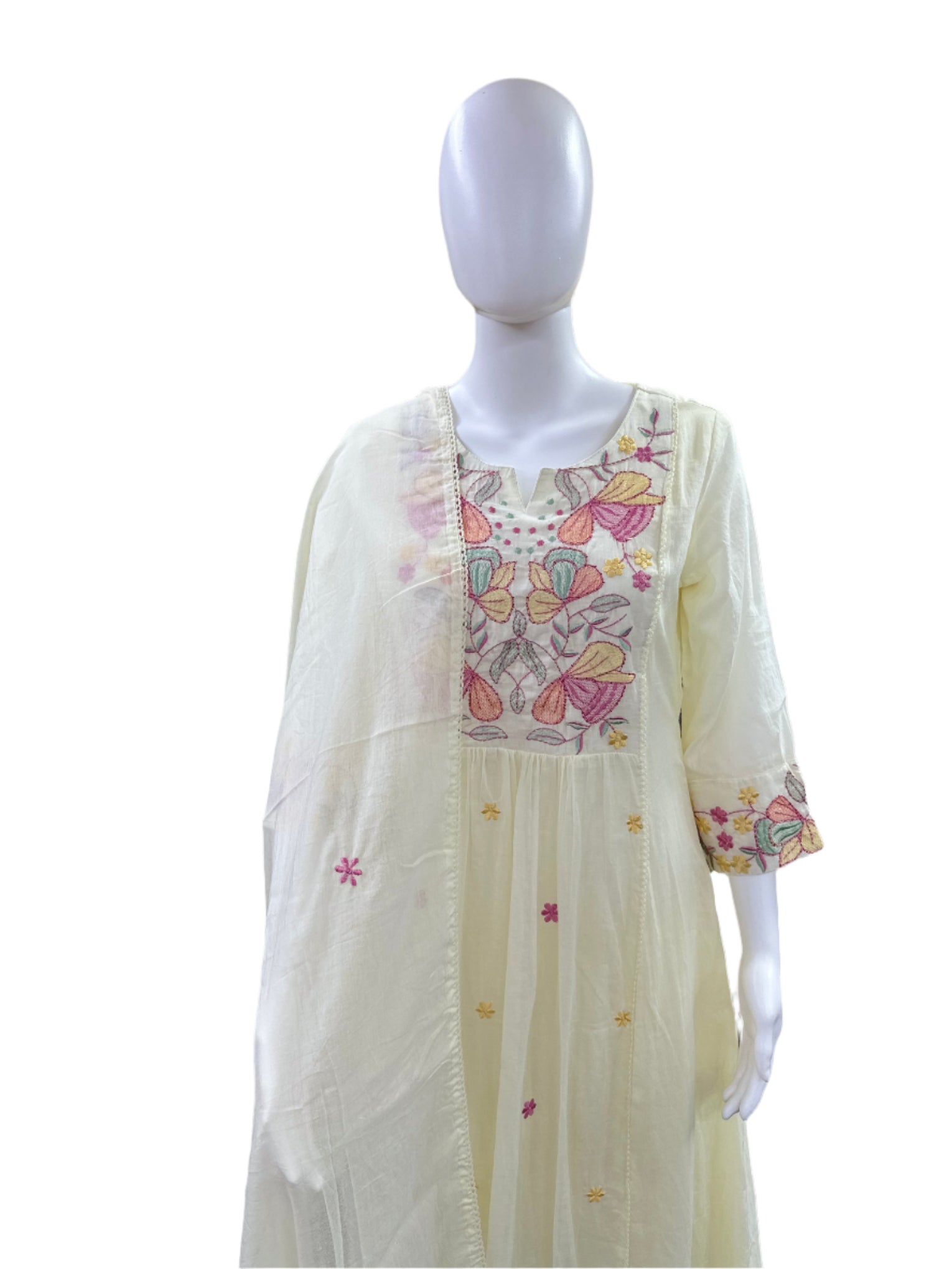 Premium Mul Cotton 3-Piece Set - Umbrella Top with Floral Embroidered Yoke & Lining, Straight Pants & Lace Dupatta - Elegant Off-White