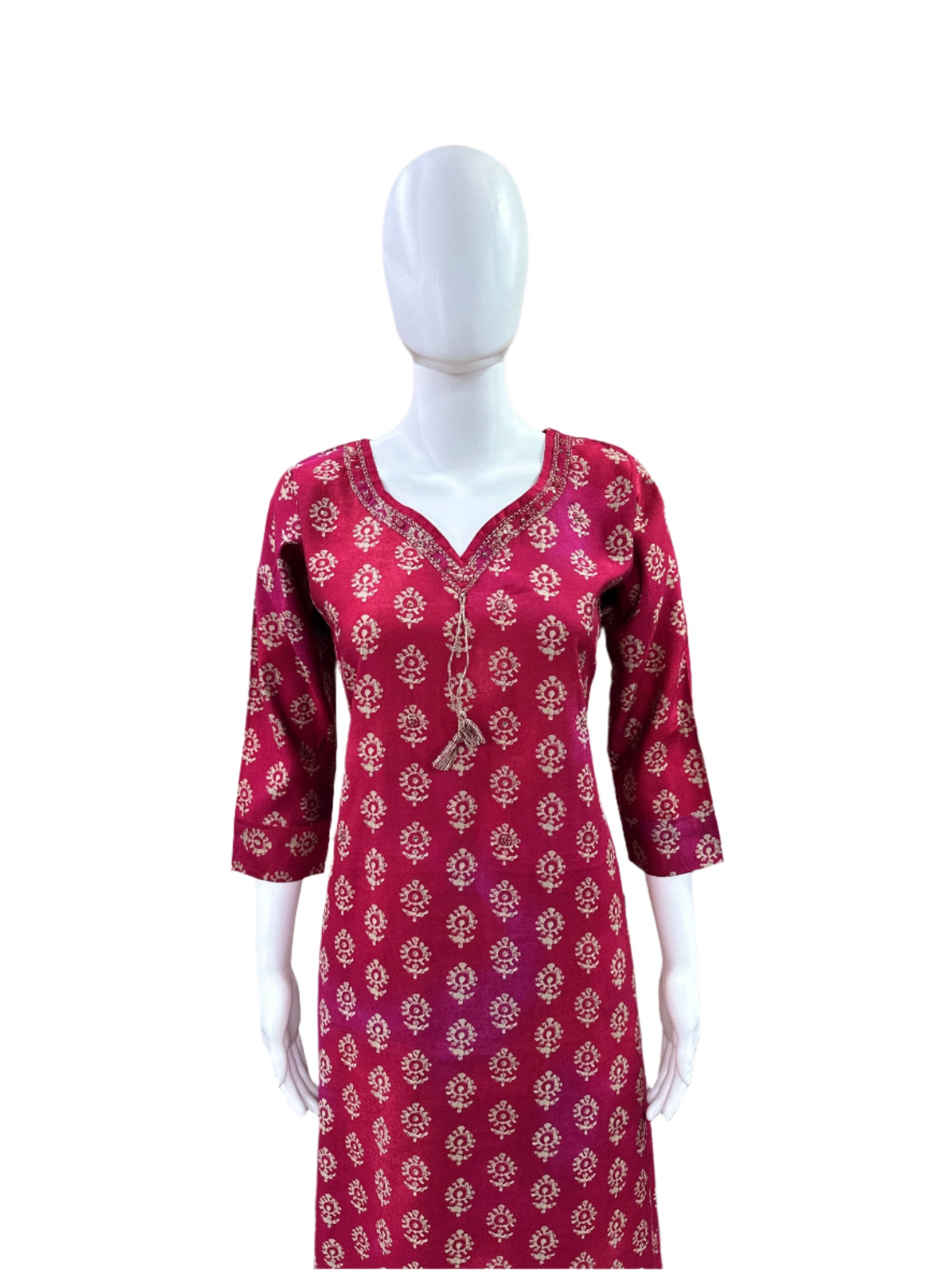 Luxury Chanderi Foil 3-Piece Set - Straight Top with Cutdana Neck Embellishment, Straight Pants & Printed Dupatta with Tassels - Regal Maroon