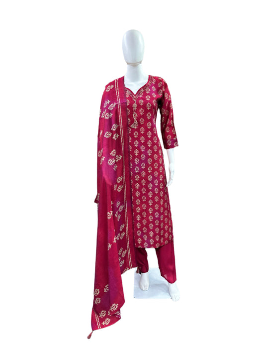 Luxury Chanderi Foil 3-Piece Set - Straight Top with Cutdana Neck Embellishment, Straight Pants & Printed Dupatta with Tassels - Regal Maroon