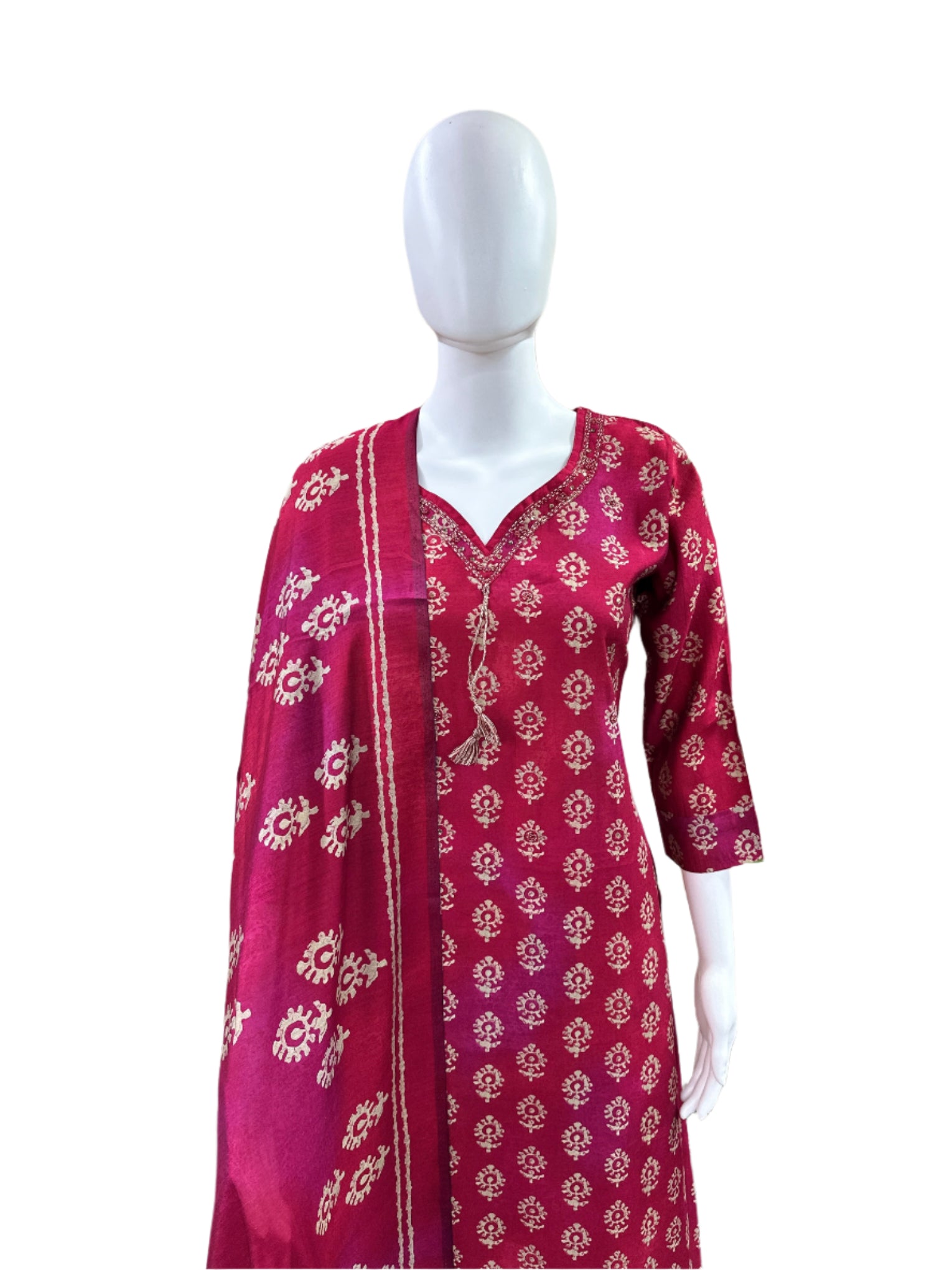 Luxury Chanderi Foil 3-Piece Set - Straight Top with Cutdana Neck Embellishment, Straight Pants & Printed Dupatta with Tassels - Regal Maroon