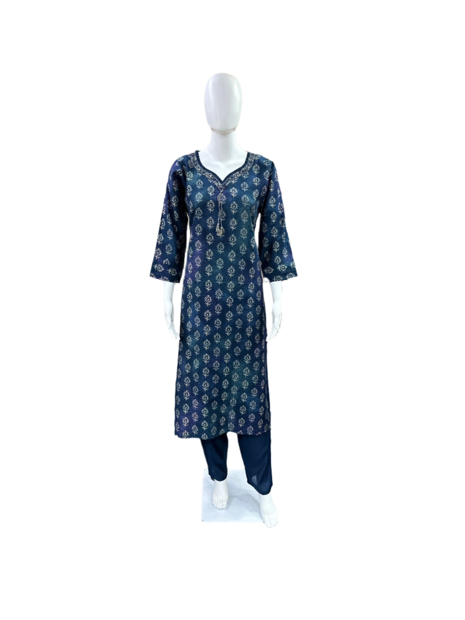 Luxury Chanderi Foil 3-Piece Set - Straight Top with Cutdana Neck Embellishment, Straight Pants & Printed Dupatta with Tassels - Royal Navy Blue