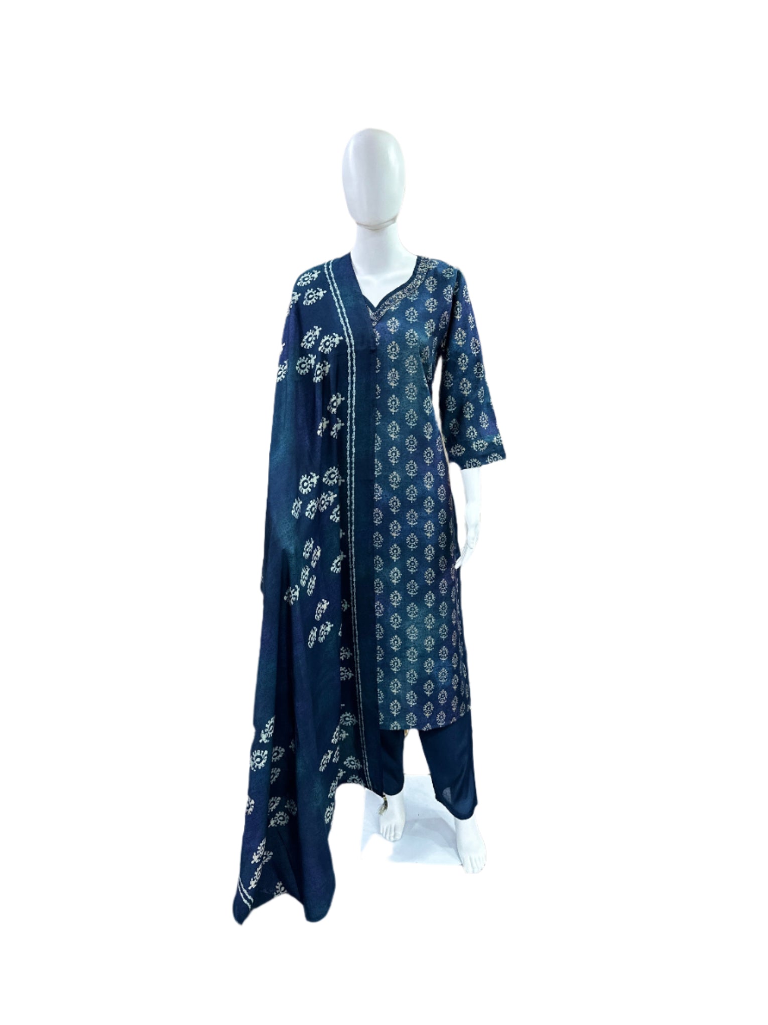 Luxury Chanderi Foil 3-Piece Set - Straight Top with Cutdana Neck Embellishment, Straight Pants & Printed Dupatta with Tassels - Royal Navy Blue