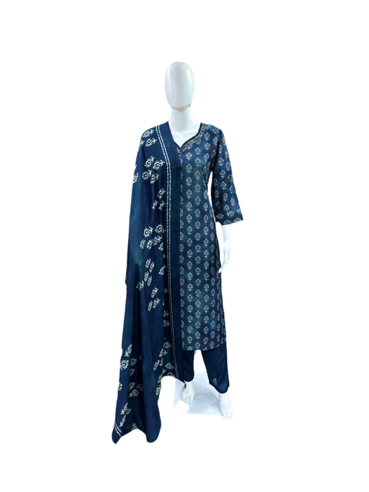 Luxury Chanderi Foil 3-Piece Set - Straight Top with Cutdana Neck Embellishment, Straight Pants & Printed Dupatta with Tassels - Royal Navy Blue