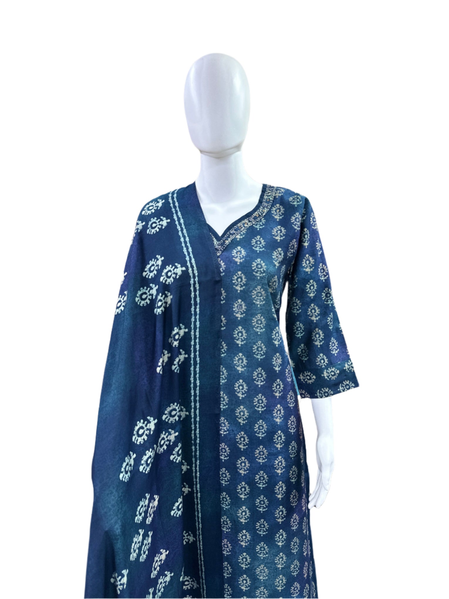 Luxury Chanderi Foil 3-Piece Set - Straight Top with Cutdana Neck Embellishment, Straight Pants & Printed Dupatta with Tassels - Royal Navy Blue