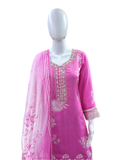 Premium Muslin 3-Piece Set - Floral Top with Embroidered Yoke & Cutwork Hemline with Lace, Straight Pants & Printed Dupatta with Lace Border - Delicate Baby Pink