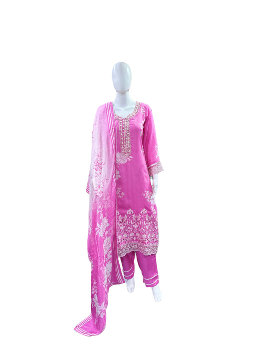 Premium Muslin 3-Piece Set - Floral Top with Embroidered Yoke & Cutwork Hemline with Lace, Straight Pants & Printed Dupatta with Lace Border - Delicate Baby Pink