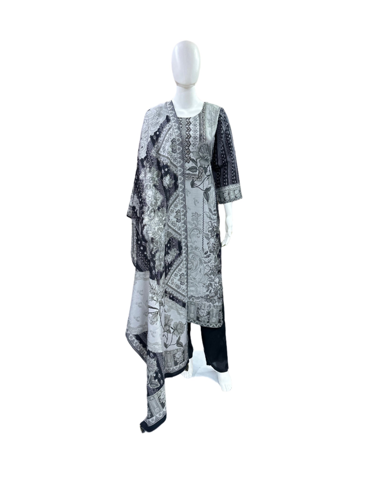 Premium Modal Silk 3-Piece Set - Straight Floral Printed Kurta with Cutdana Work on Yoke, Straight Pants & Printed Dupatta with Tassels - Sophisticated Black & Grey