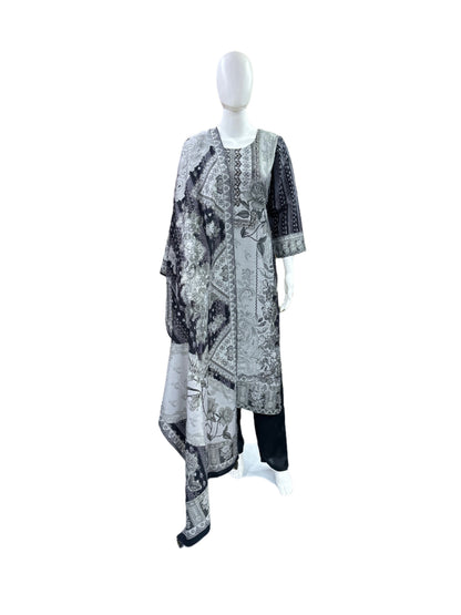 Premium Modal Silk 3-Piece Set - Straight Floral Printed Kurta with Cutdana Work on Yoke, Straight Pants & Printed Dupatta with Tassels - Sophisticated Black & Grey