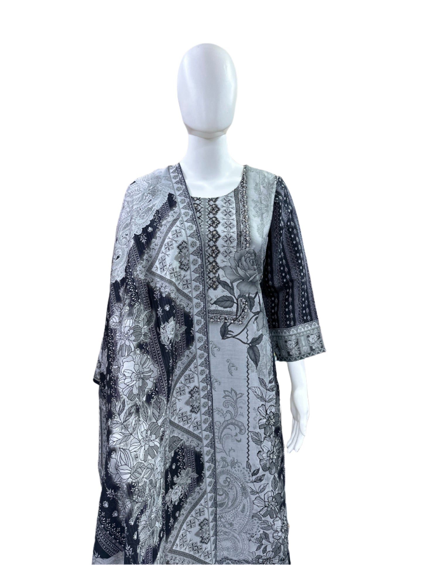 Premium Modal Silk 3-Piece Set - Straight Floral Printed Kurta with Cutdana Work on Yoke, Straight Pants & Printed Dupatta with Tassels - Sophisticated Black & Grey