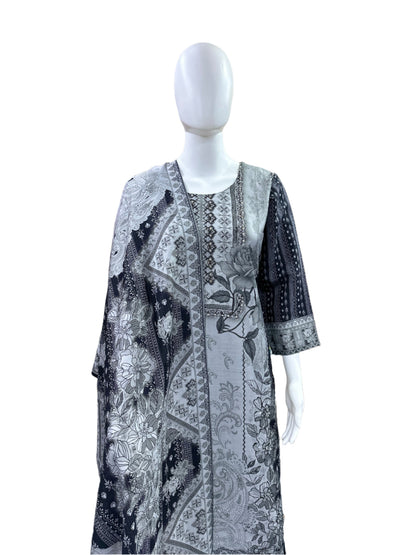 Premium Modal Silk 3-Piece Set - Straight Floral Printed Kurta with Cutdana Work on Yoke, Straight Pants & Printed Dupatta with Tassels - Sophisticated Black & Grey
