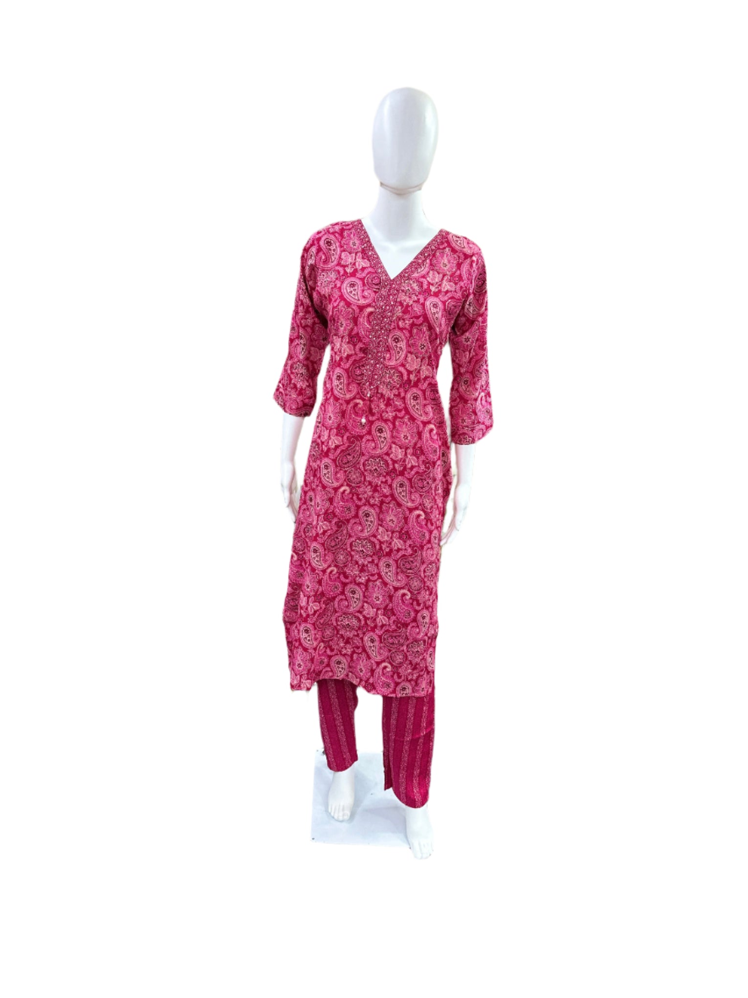 Premium Slub Cotton 3-Piece Set - Straight Top with Cutdana Work on Yoke & Embroidery with Tassels, Straight Pants & Printed Dupatta - Vibrant Magenta Pink