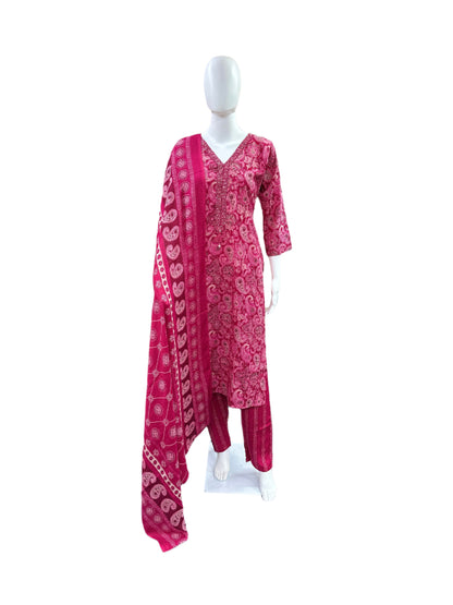 Premium Slub Cotton 3-Piece Set - Straight Top with Cutdana Work on Yoke & Embroidery with Tassels, Straight Pants & Printed Dupatta - Vibrant Magenta Pink