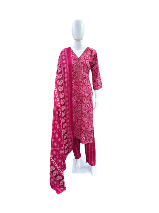 Premium Slub Cotton 3-Piece Set - Straight Top with Cutdana Work on Yoke & Embroidery with Tassels, Straight Pants & Printed Dupatta - Vibrant Magenta Pink