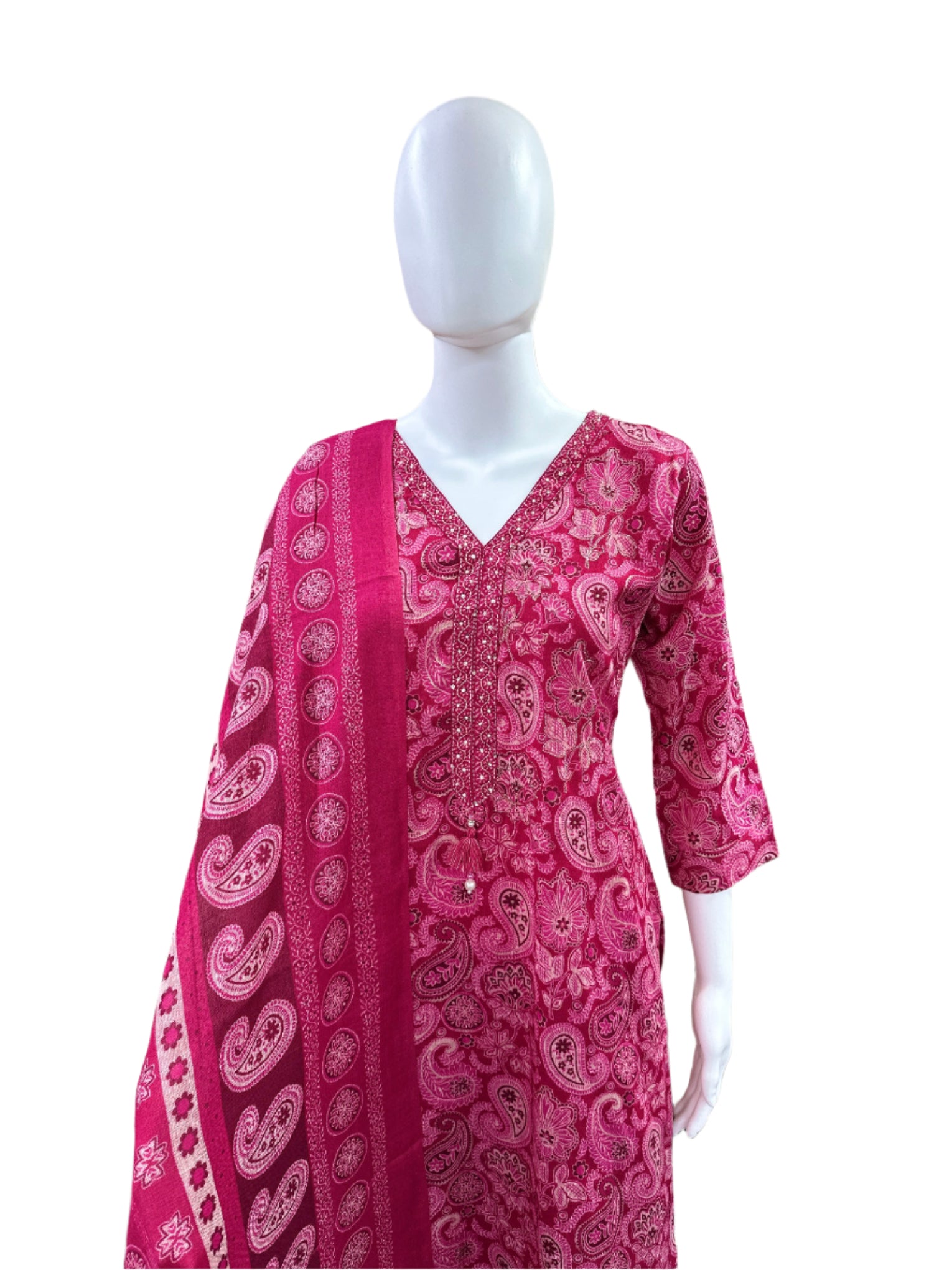 Premium Slub Cotton 3-Piece Set - Straight Top with Cutdana Work on Yoke & Embroidery with Tassels, Straight Pants & Printed Dupatta - Vibrant Magenta Pink