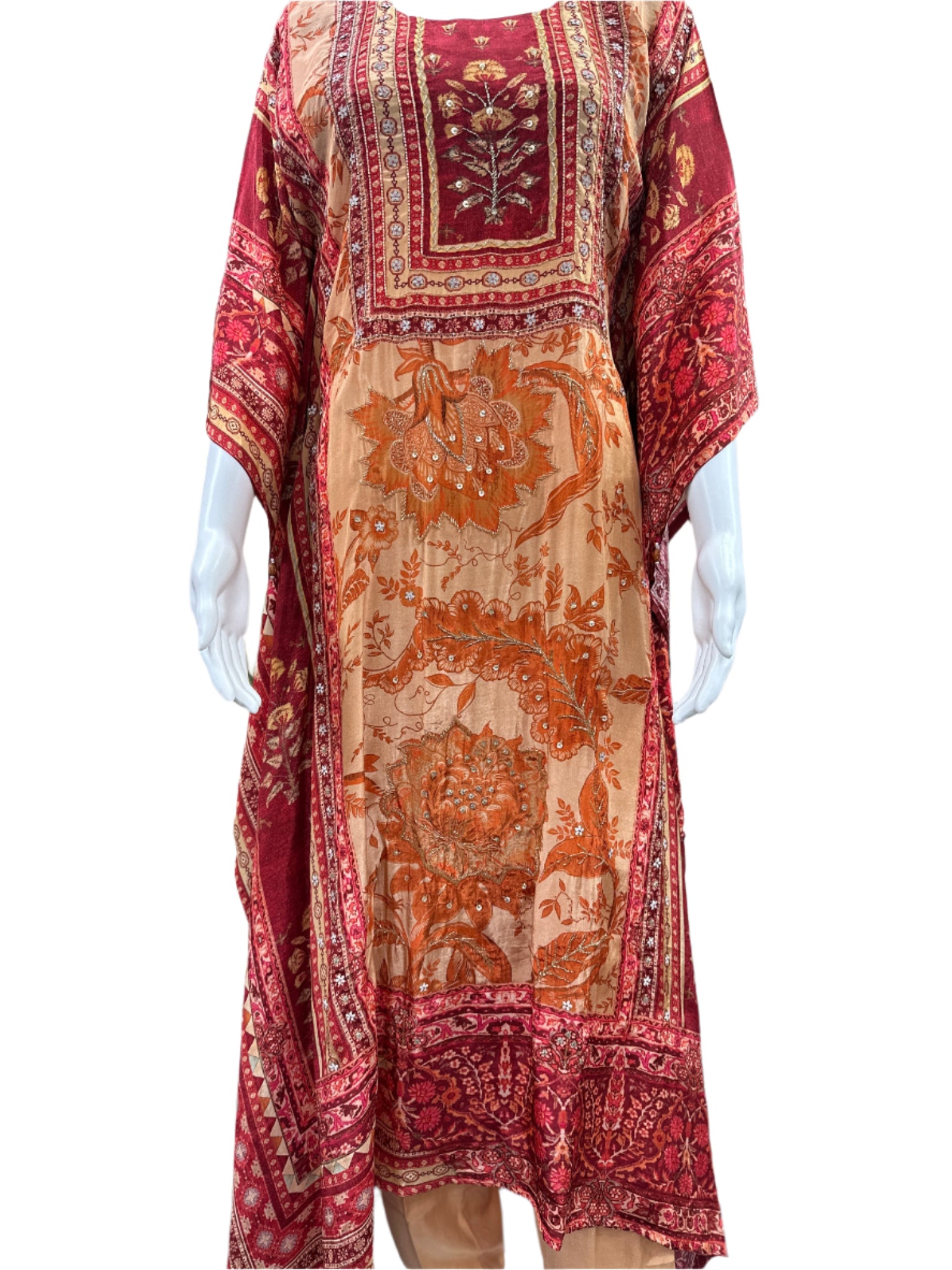 Luxury Pure Crepe 2-Piece Kaftan Set - A-Line Long Floral Printed Kaftan with Half Inner, Cutdana Work & Tassel Borders, Straight Pants - Maroon & Peach