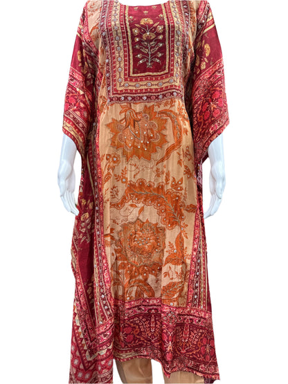 Luxury Pure Crepe 2-Piece Kaftan Set - A-Line Long Floral Printed Kaftan with Half Inner, Cutdana Work & Tassel Borders, Straight Pants - Maroon & Peach
