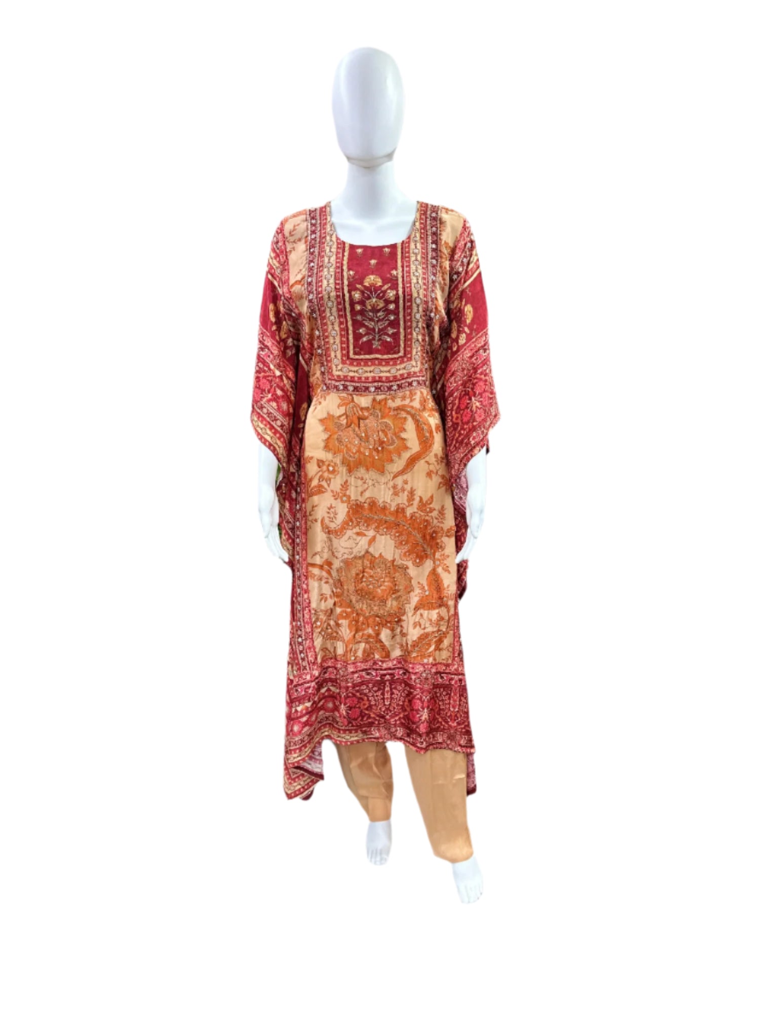 Luxury Pure Crepe 2-Piece Kaftan Set - A-Line Long Floral Printed Kaftan with Half Inner, Cutdana Work & Tassel Borders, Straight Pants - Maroon & Peach