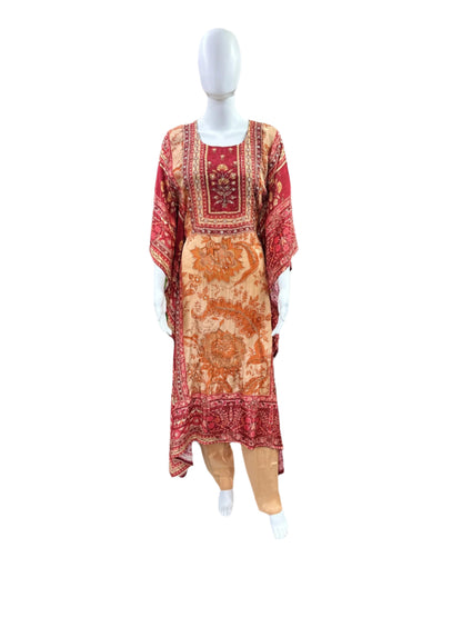 Luxury Pure Crepe 2-Piece Kaftan Set - A-Line Long Floral Printed Kaftan with Half Inner, Cutdana Work & Tassel Borders, Straight Pants - Maroon & Peach