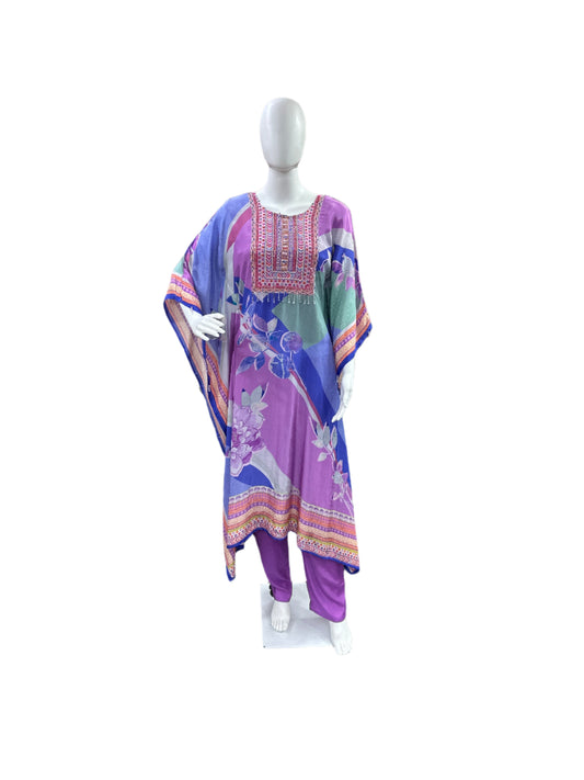 Luxury Pure Crepe 2-Piece Kaftan Set - A-Line Long Printed Kaftan with Half Inner, Cutdana Work & Tassel Borders, Straight Pants - Regal Purple & Blue