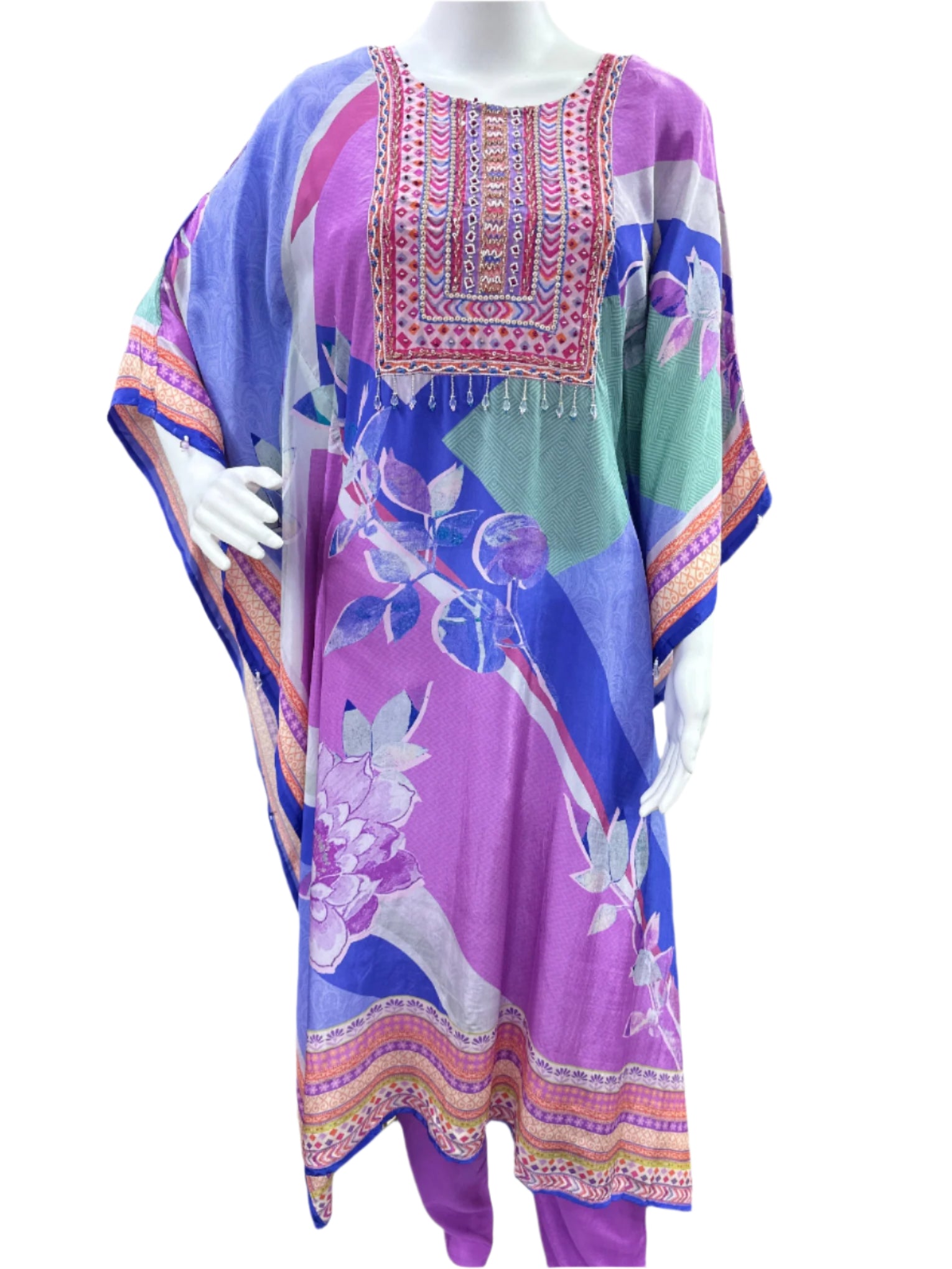 Luxury Pure Crepe 2-Piece Kaftan Set - A-Line Long Printed Kaftan with Half Inner, Cutdana Work & Tassel Borders, Straight Pants - Regal Purple & Blue