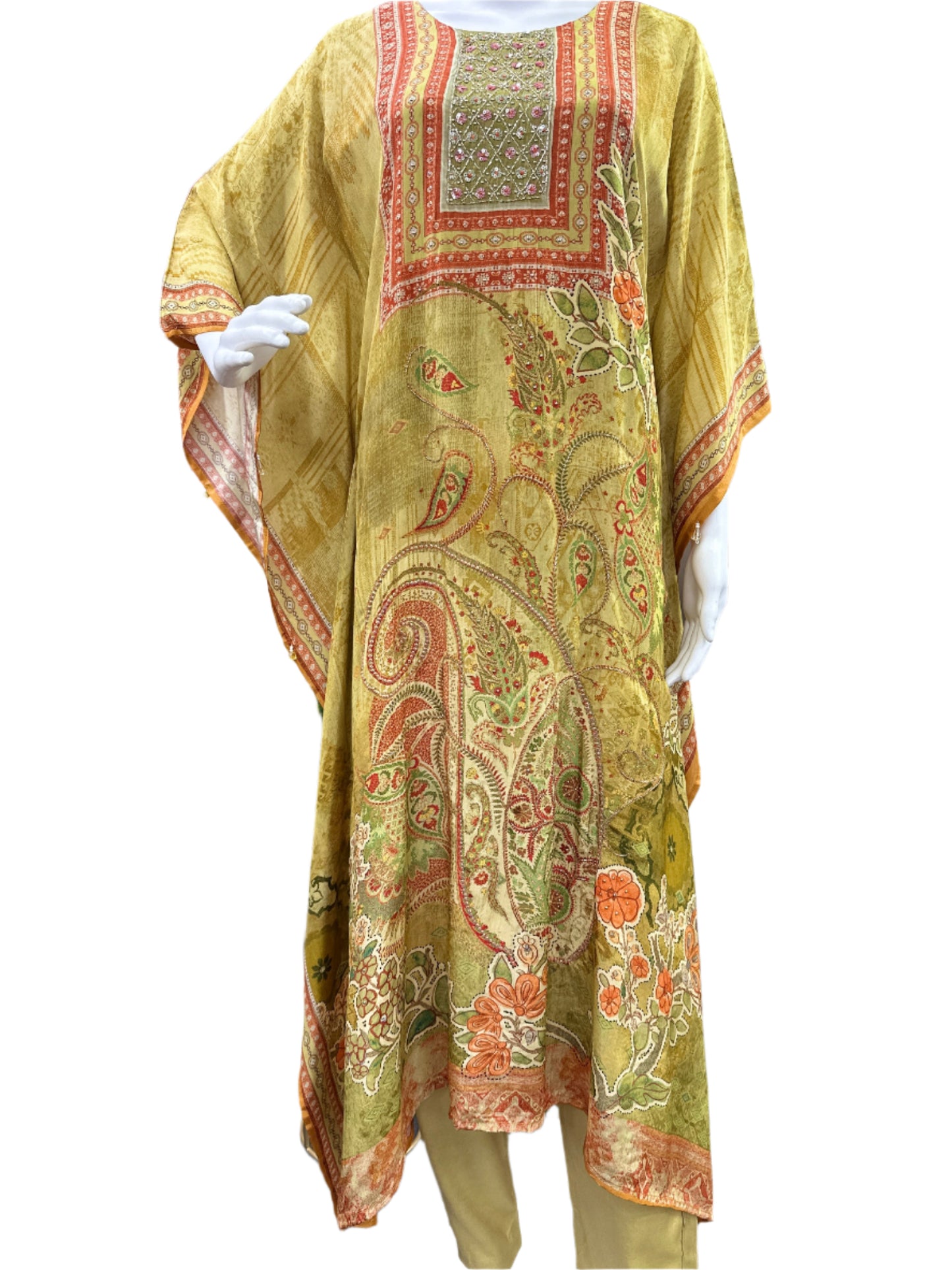 Luxury Pure Crepe 2-Piece Kaftan Set - A-Line Long Floral Printed Kaftan with Half Inner, Cutdana Work & Tassel Borders, Straight Pants - Vibrant Mustard