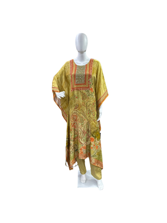 Luxury Pure Crepe 2-Piece Kaftan Set - A-Line Long Floral Printed Kaftan with Half Inner, Cutdana Work & Tassel Borders, Straight Pants - Vibrant Mustard