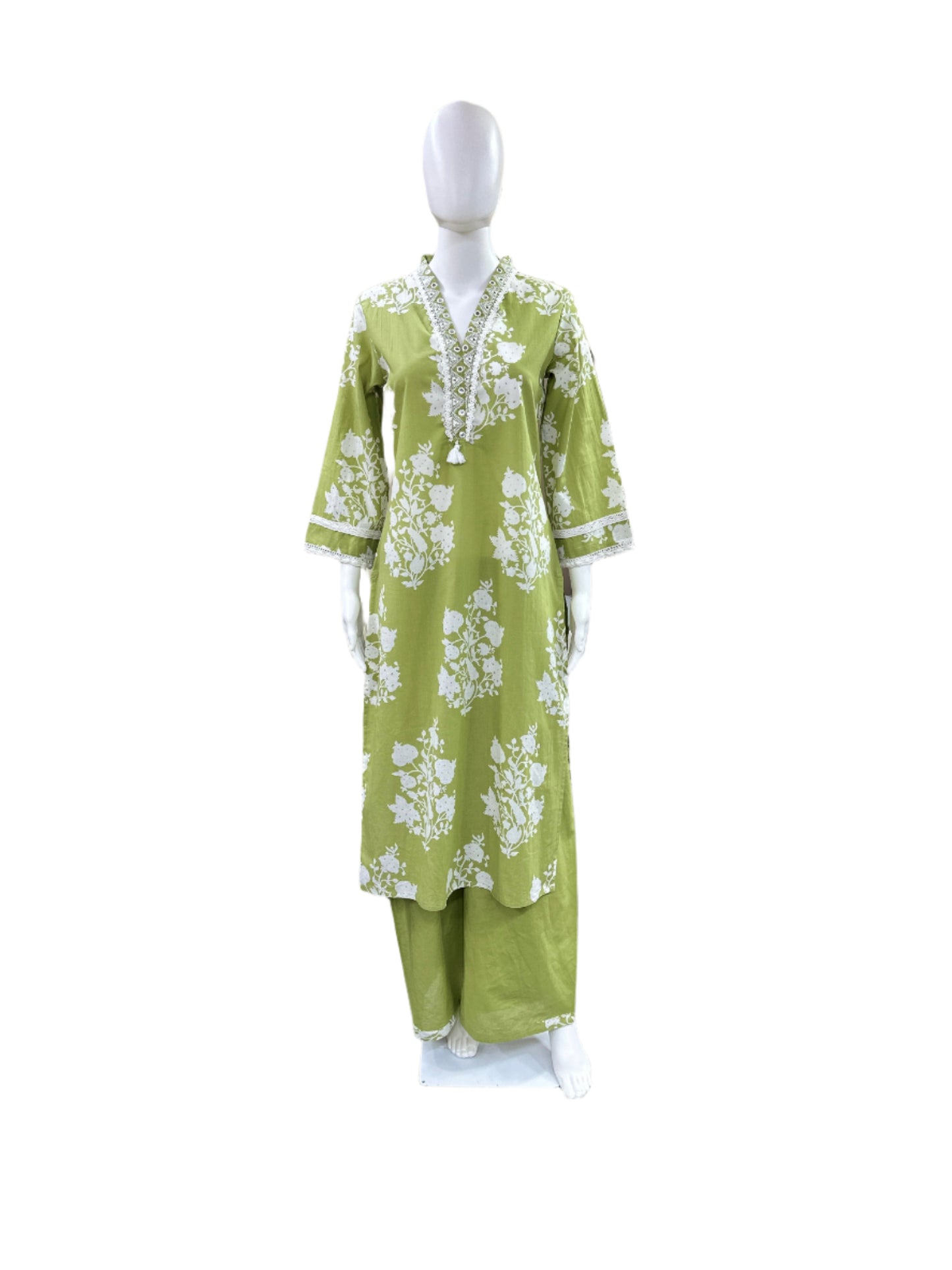 Premium Cotton 3-Piece Set - Floral Collar Neck Top with Lace Detailing on Yoke & Sleeves, Flowing Palazzo Pants & Mul Dupatta - Refreshing Pista Green
