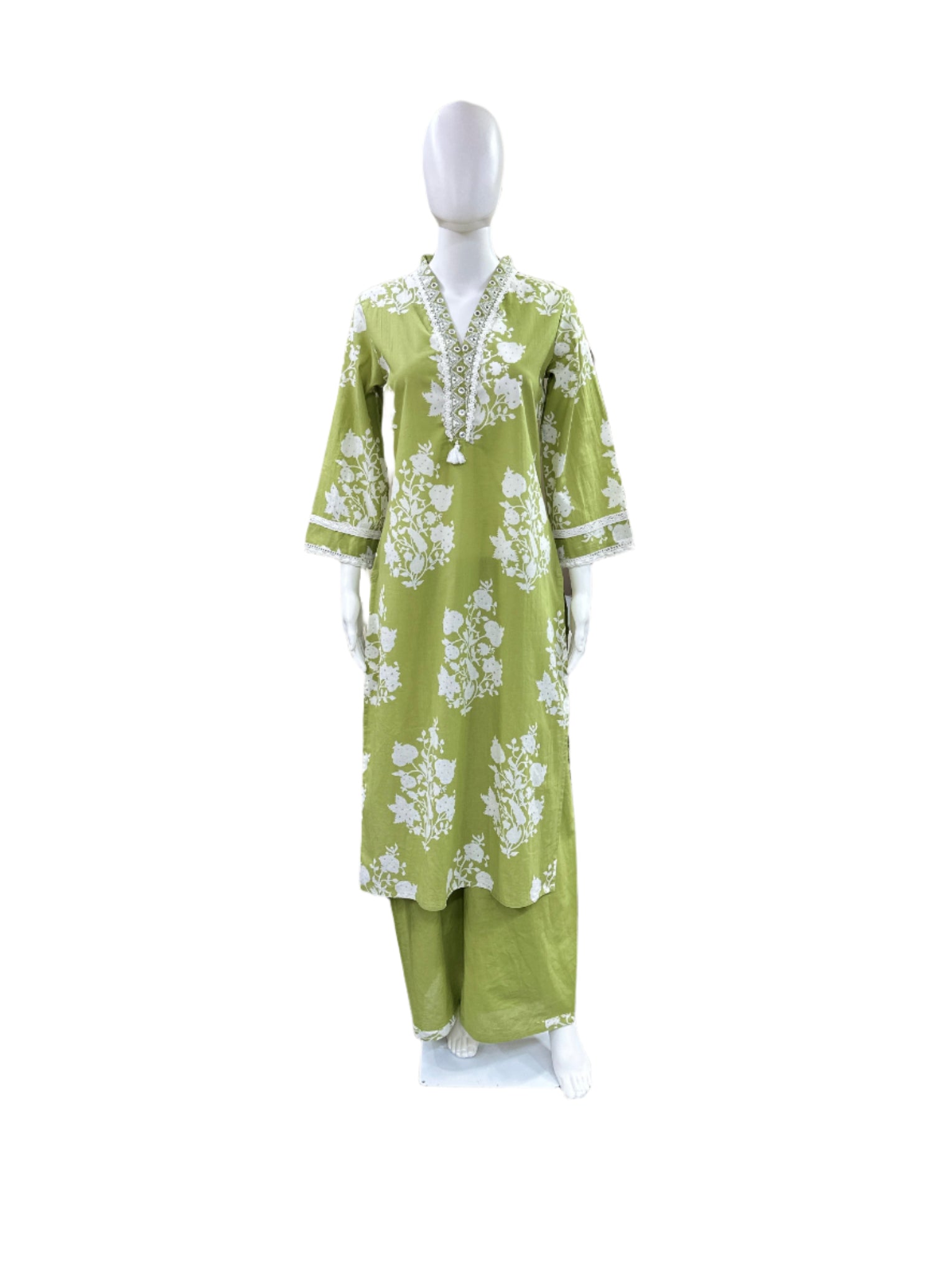 Premium Cotton 3-Piece Set - Floral Collar Neck Top with Lace Detailing on Yoke & Sleeves, Flowing Palazzo Pants & Mul Dupatta - Refreshing Pista Green