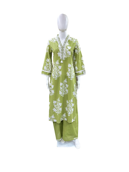 Premium Cotton 3-Piece Set - Floral Collar Neck Top with Lace Detailing on Yoke & Sleeves, Flowing Palazzo Pants & Mul Dupatta - Refreshing Pista Green