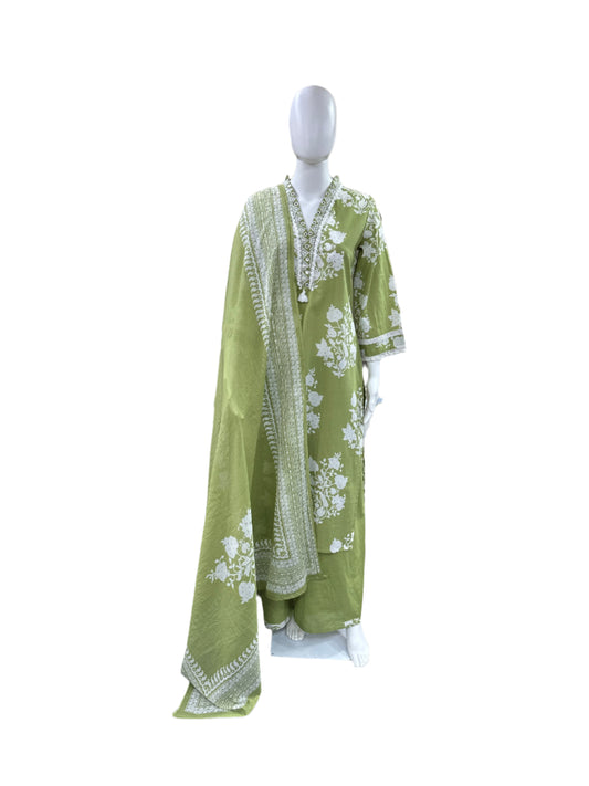 Premium Cotton 3-Piece Set - Floral Collar Neck Top with Lace Detailing on Yoke & Sleeves, Flowing Palazzo Pants & Mul Dupatta - Refreshing Pista Green