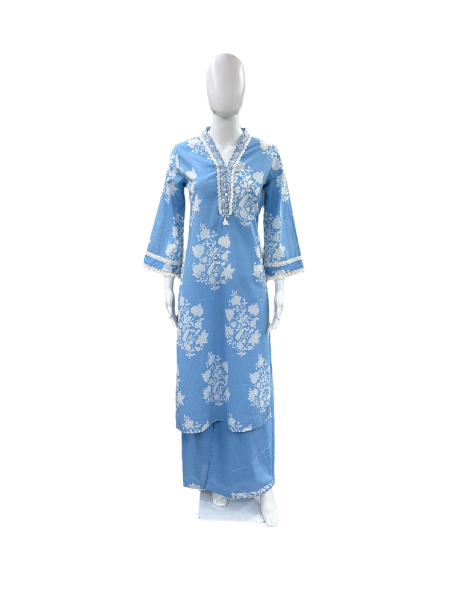 Premium Cotton 3-Piece Set - Floral Collar Neck Top with Lace Detailing on Yoke & Sleeves, Flowing Palazzo Pants & Mul Dupatta - Serene Powder Blue