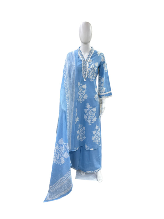 Premium Cotton 3-Piece Set - Floral Collar Neck Top with Lace Detailing on Yoke & Sleeves, Flowing Palazzo Pants & Mul Dupatta - Serene Powder Blue