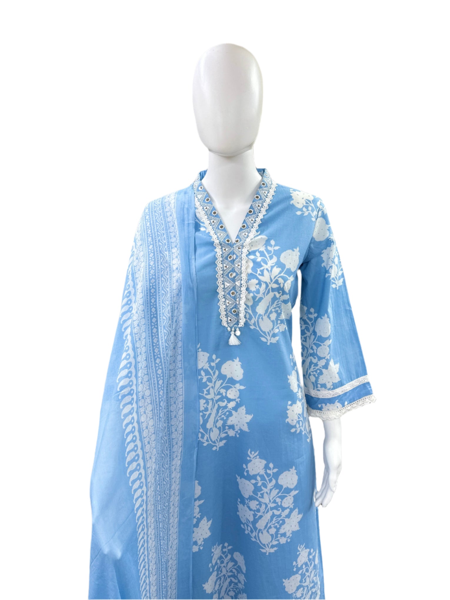 Premium Cotton 3-Piece Set - Floral Collar Neck Top with Lace Detailing on Yoke & Sleeves, Flowing Palazzo Pants & Mul Dupatta - Serene Powder Blue