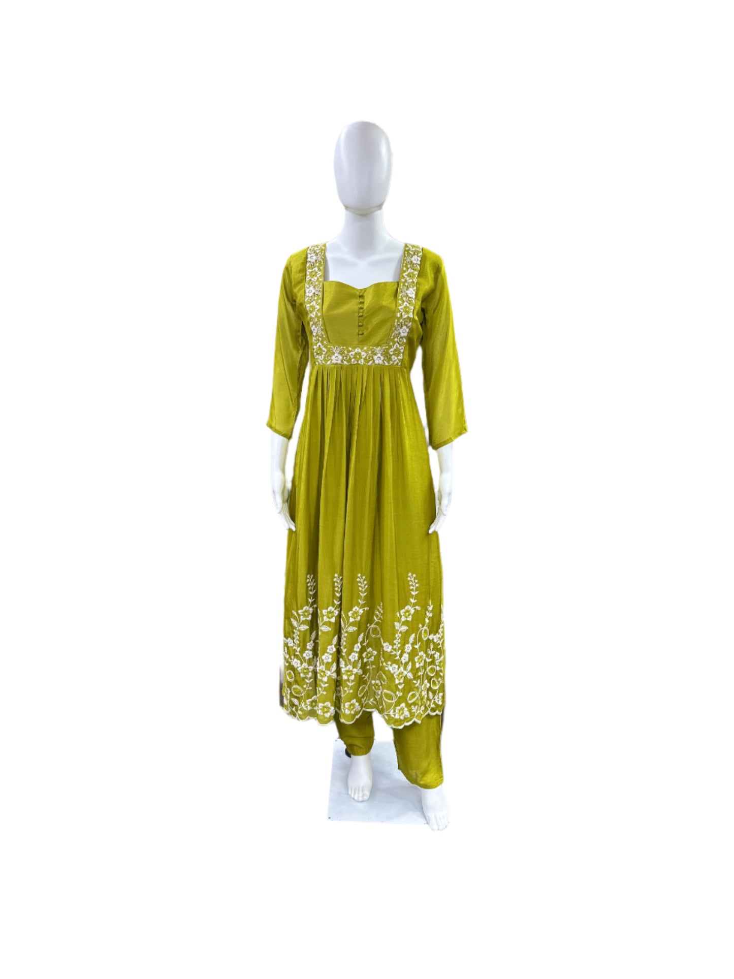 Premium Chiffon 3-Piece Set - Round Floral Top with Embroidered Yoke & Hemline with Lining, Straight Pants & Heavy Embroidered Dupatta - Rich Mehendi Green