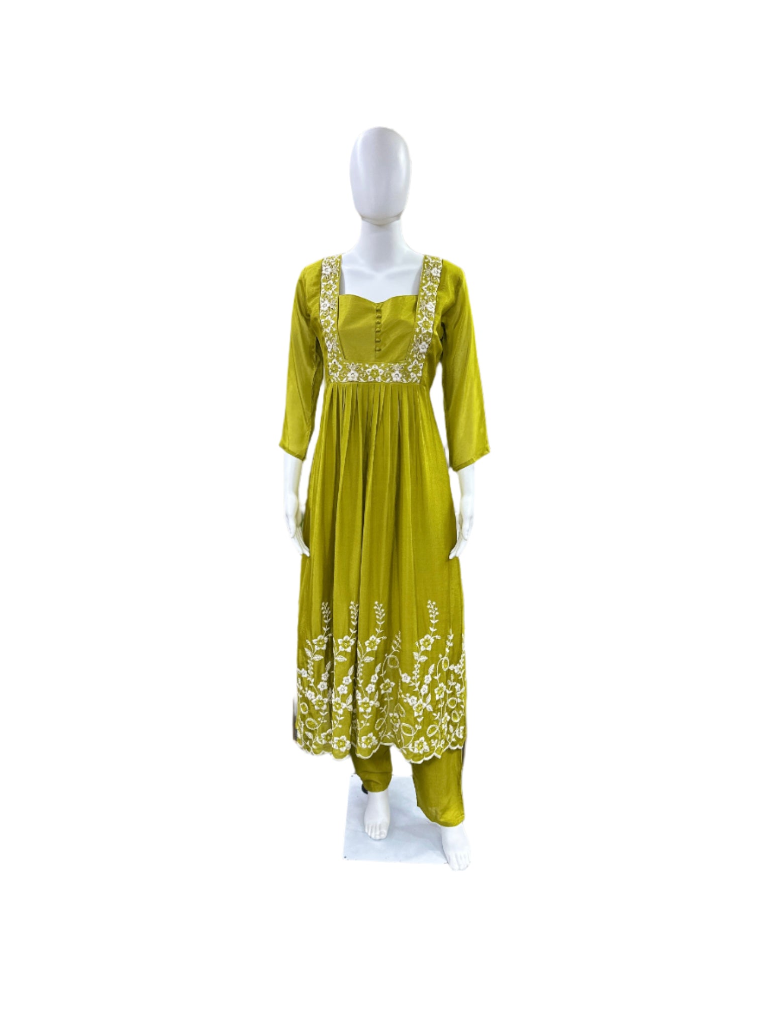 Premium Chiffon 3-Piece Set - Round Floral Top with Embroidered Yoke & Hemline with Lining, Straight Pants & Heavy Embroidered Dupatta - Rich Mehendi Green