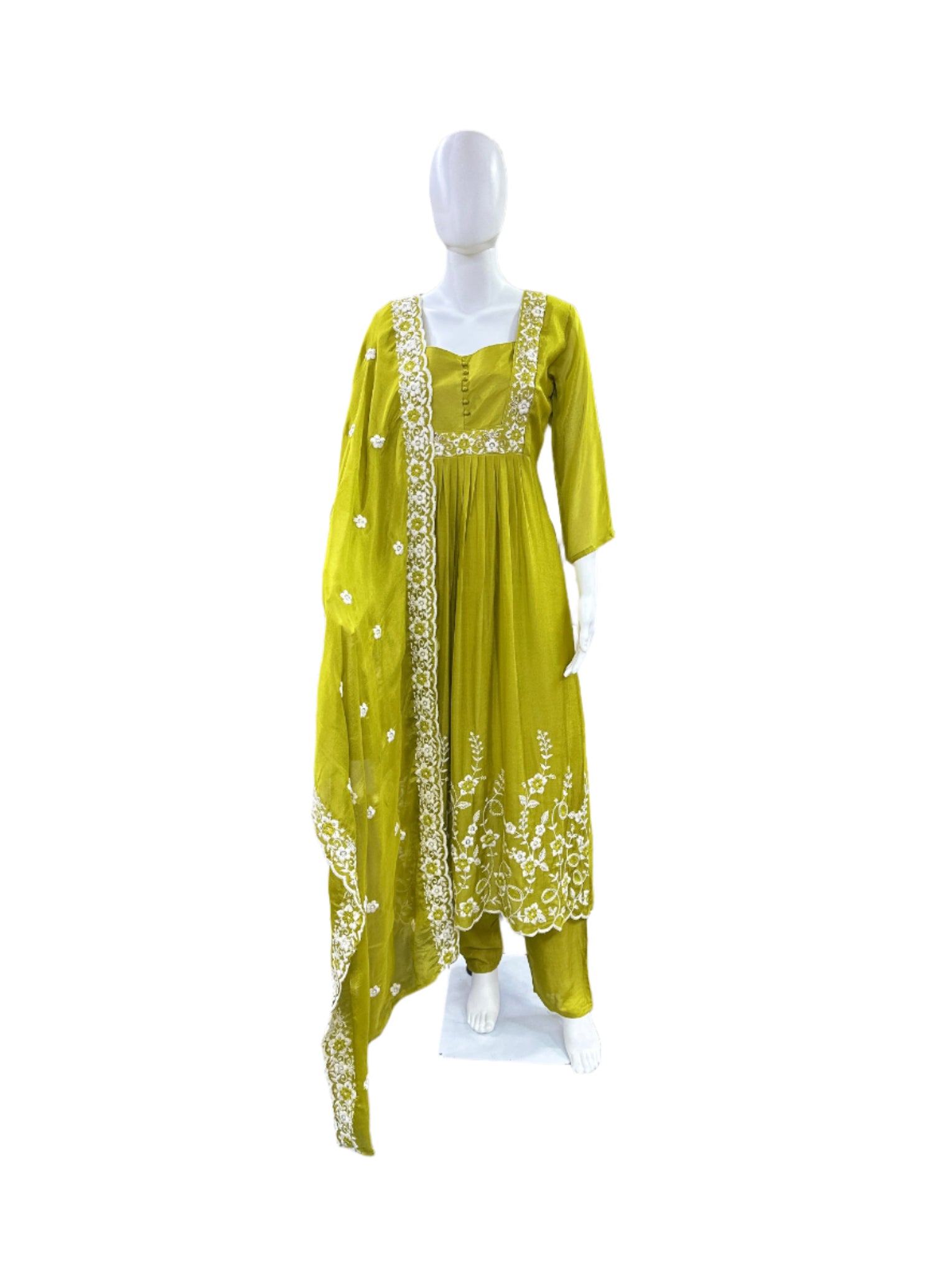 Premium Chiffon 3-Piece Set - Round Floral Top with Embroidered Yoke & Hemline with Lining, Straight Pants & Heavy Embroidered Dupatta - Rich Mehendi Green