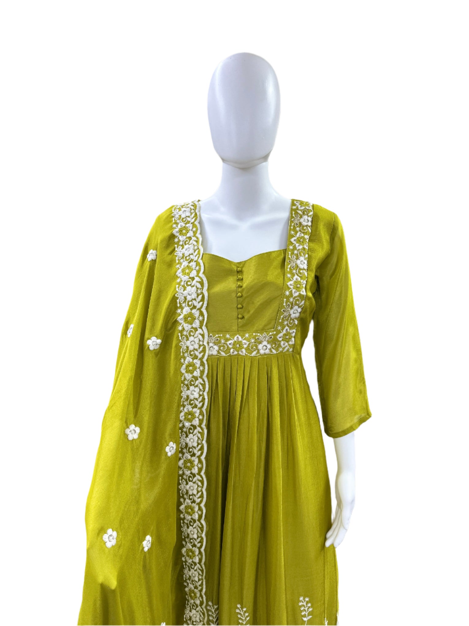 Premium Chiffon 3-Piece Set - Round Floral Top with Embroidered Yoke & Hemline with Lining, Straight Pants & Heavy Embroidered Dupatta - Rich Mehendi Green