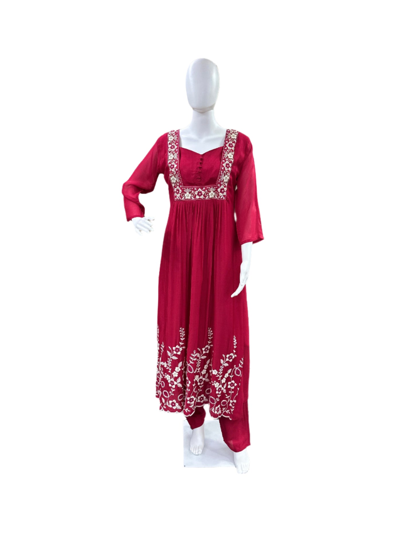 Premium Chiffon 3-Piece Set - Round Floral Top with Embroidered Yoke & Hemline with Lining, Straight Pants & Heavy Embroidered Dupatta - Vibrant Magenta Pink