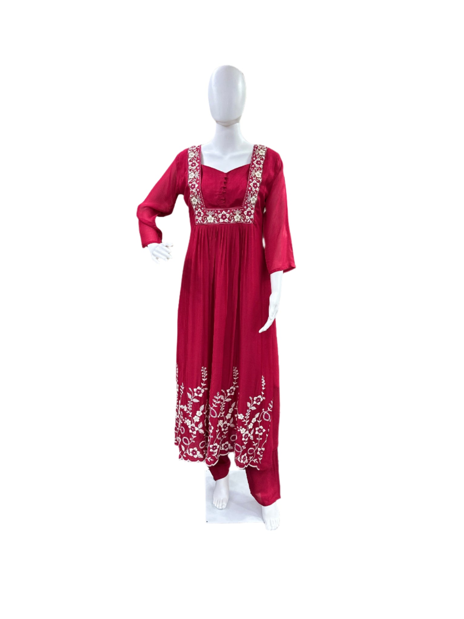 Premium Chiffon 3-Piece Set - Round Floral Top with Embroidered Yoke & Hemline with Lining, Straight Pants & Heavy Embroidered Dupatta - Vibrant Magenta Pink