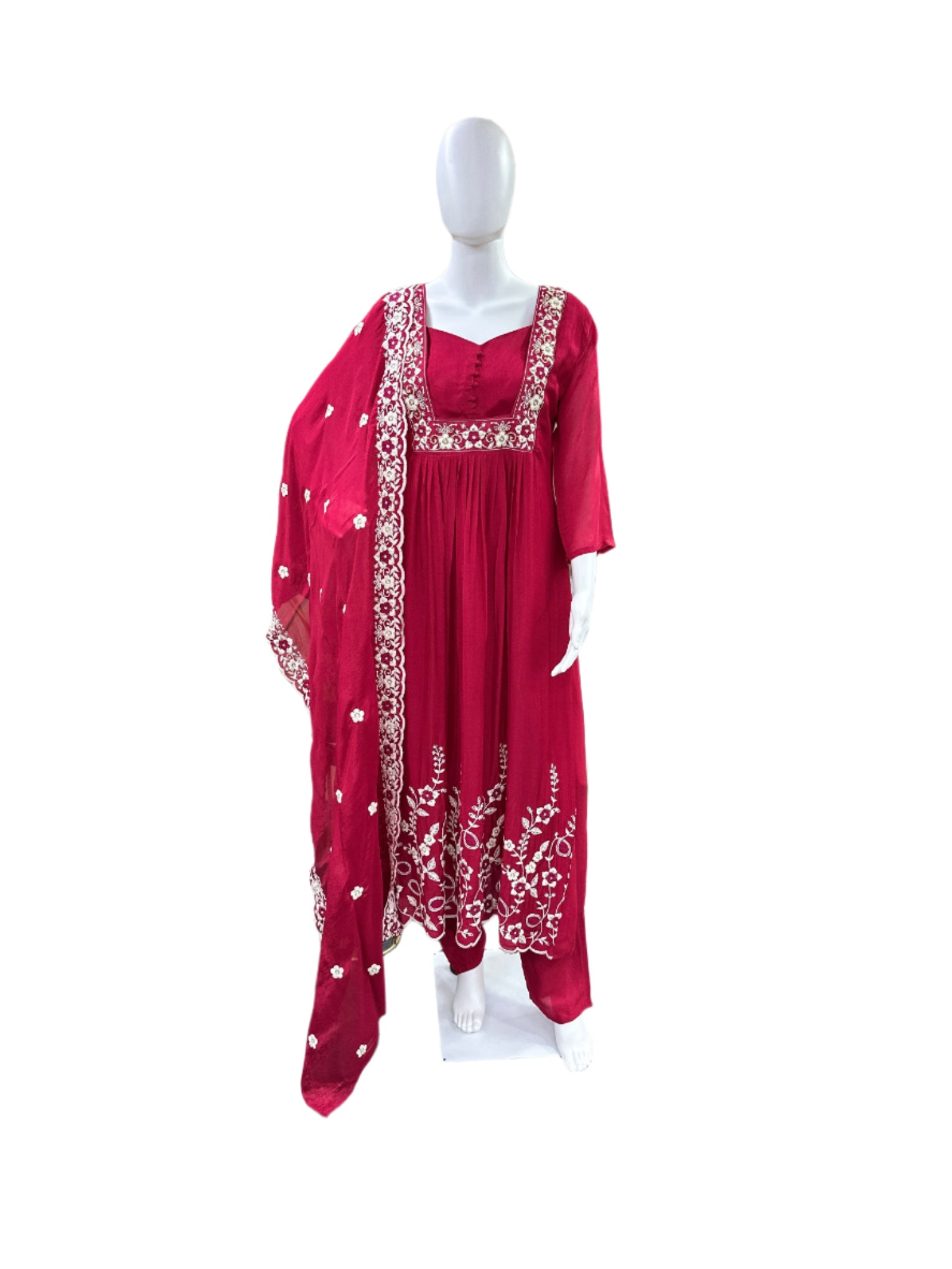 Premium Chiffon 3-Piece Set - Round Floral Top with Embroidered Yoke & Hemline with Lining, Straight Pants & Heavy Embroidered Dupatta - Vibrant Magenta Pink