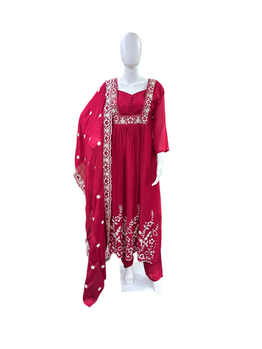 Premium Chiffon 3-Piece Set - Round Floral Top with Embroidered Yoke & Hemline with Lining, Straight Pants & Heavy Embroidered Dupatta - Vibrant Magenta Pink