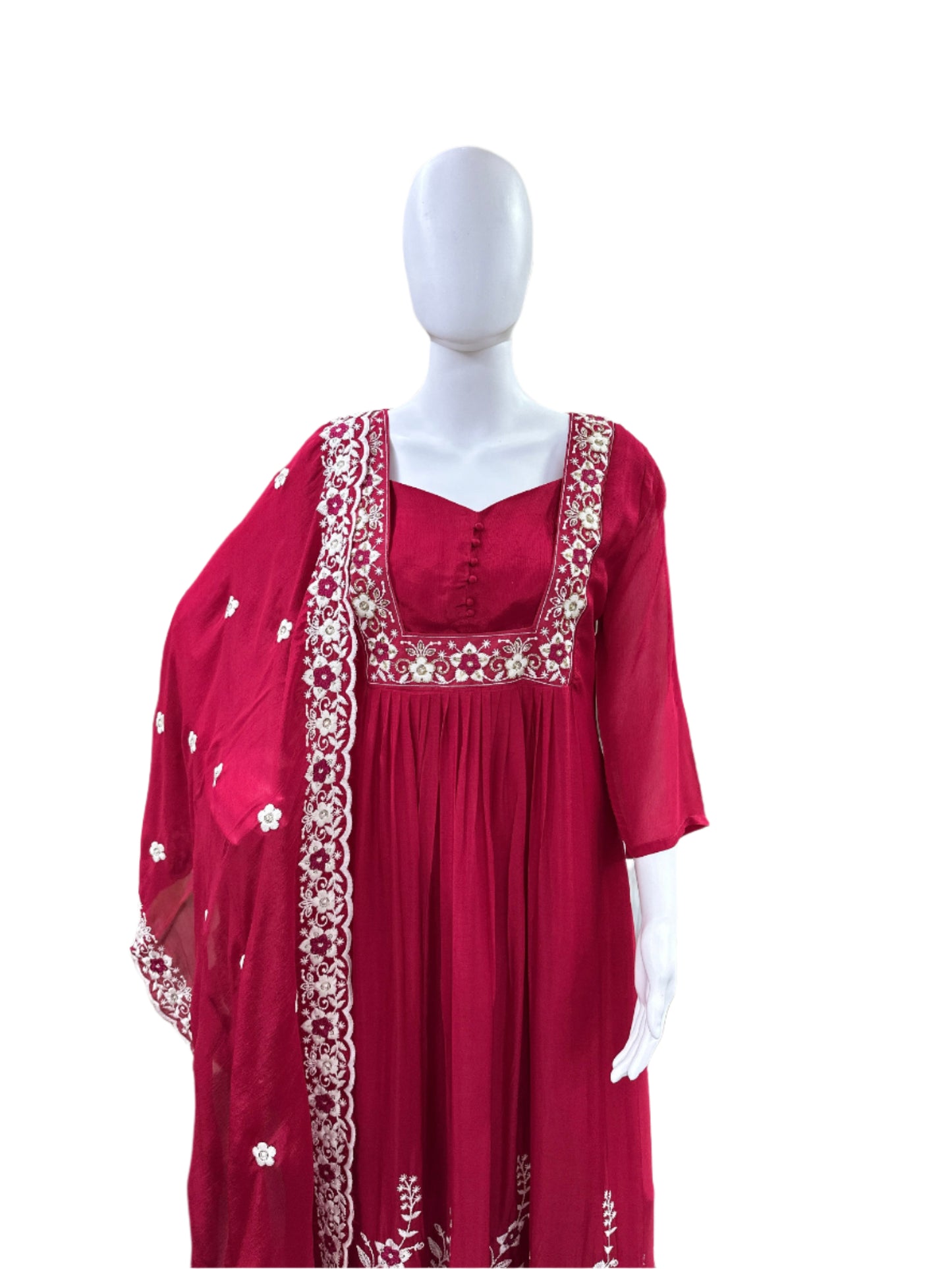 Premium Chiffon 3-Piece Set - Round Floral Top with Embroidered Yoke & Hemline with Lining, Straight Pants & Heavy Embroidered Dupatta - Vibrant Magenta Pink