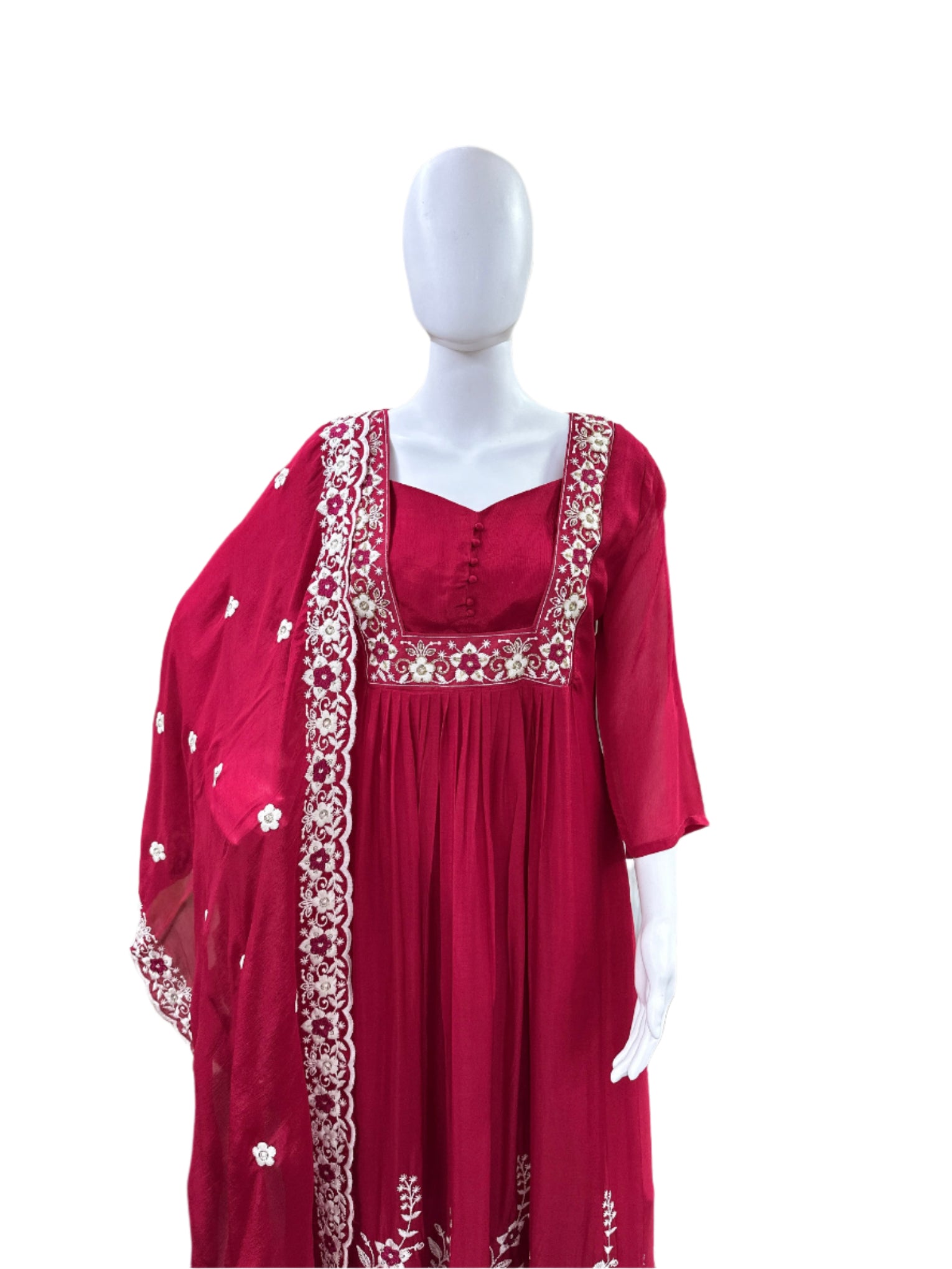 Premium Chiffon 3-Piece Set - Round Floral Top with Embroidered Yoke & Hemline with Lining, Straight Pants & Heavy Embroidered Dupatta - Vibrant Magenta Pink