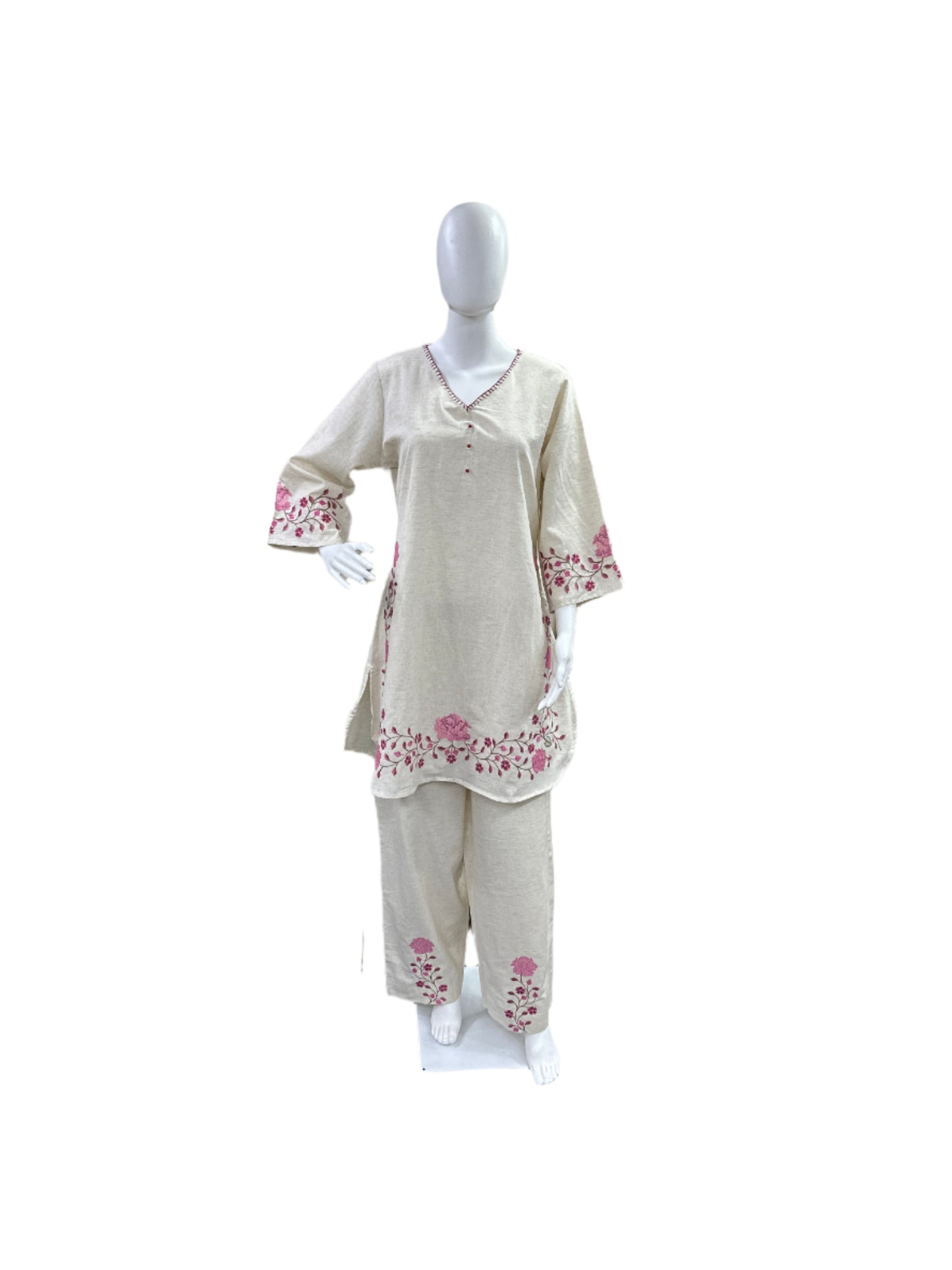 Cotton Flex 2-Piece Co-Ord Set - Top with Floral Embroidery on Sleeves & Hemline, Palazzo Pants with Embroidered Bottom - Elegant Beige & Pink