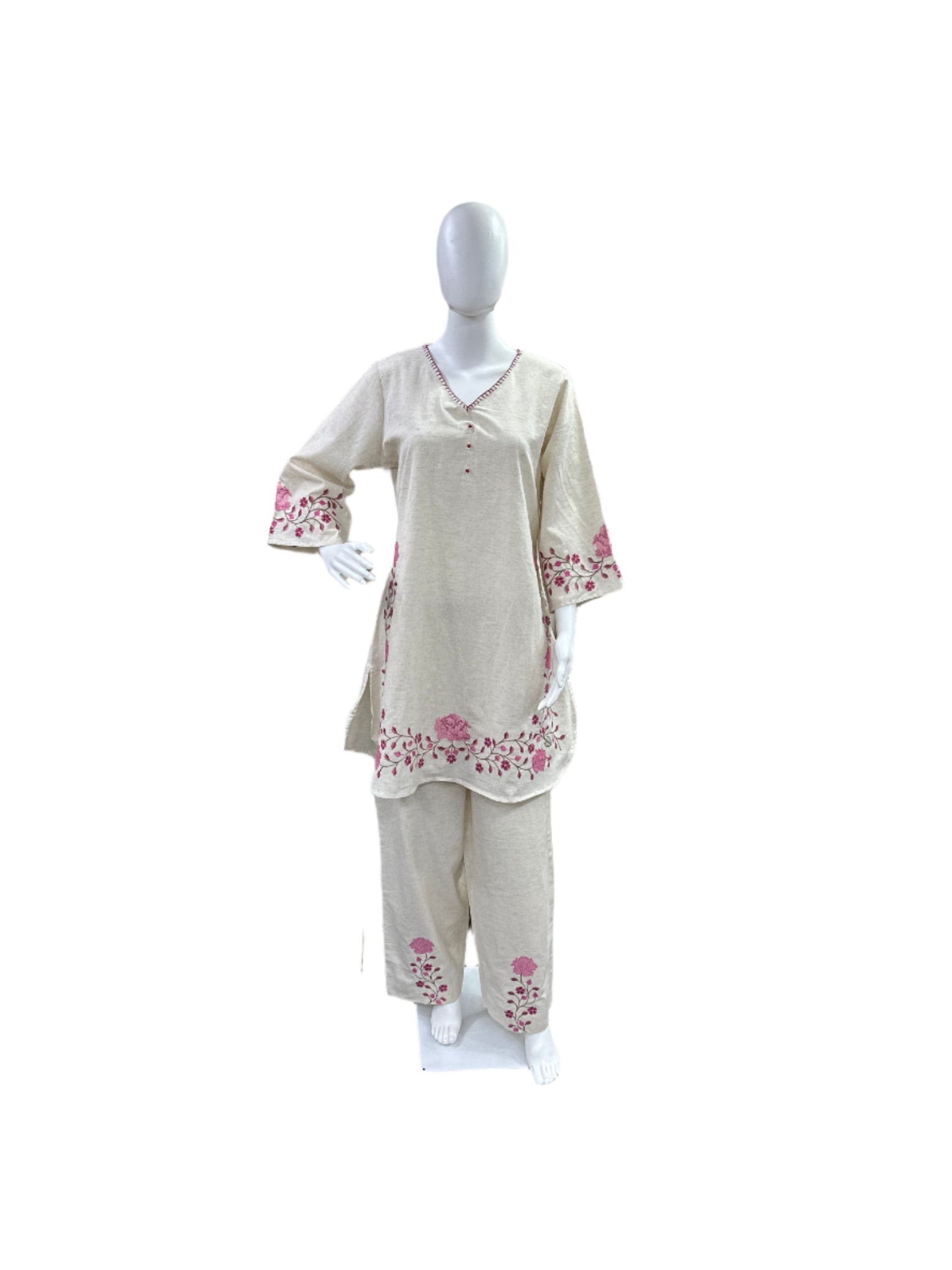 Cotton Flex 2-Piece Co-Ord Set - Top with Floral Embroidery on Sleeves & Hemline, Palazzo Pants with Embroidered Bottom - Elegant Beige & Pink