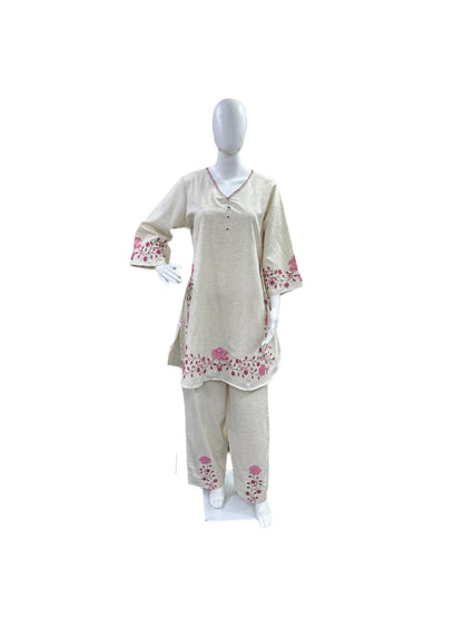 Cotton Flex 2-Piece Co-Ord Set - Top with Floral Embroidery on Sleeves & Hemline, Palazzo Pants with Embroidered Bottom - Elegant Beige & Pink