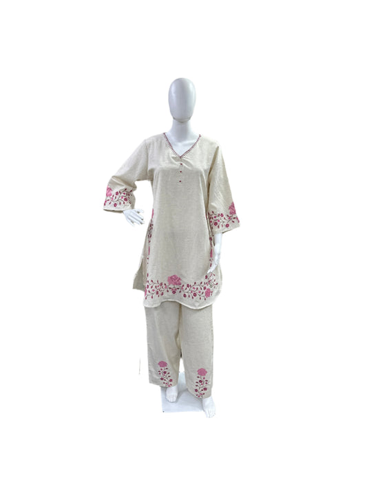 Cotton Flex 2-Piece Co-Ord Set - Top with Floral Embroidery on Sleeves & Hemline, Palazzo Pants with Embroidered Bottom - Elegant Beige & Pink